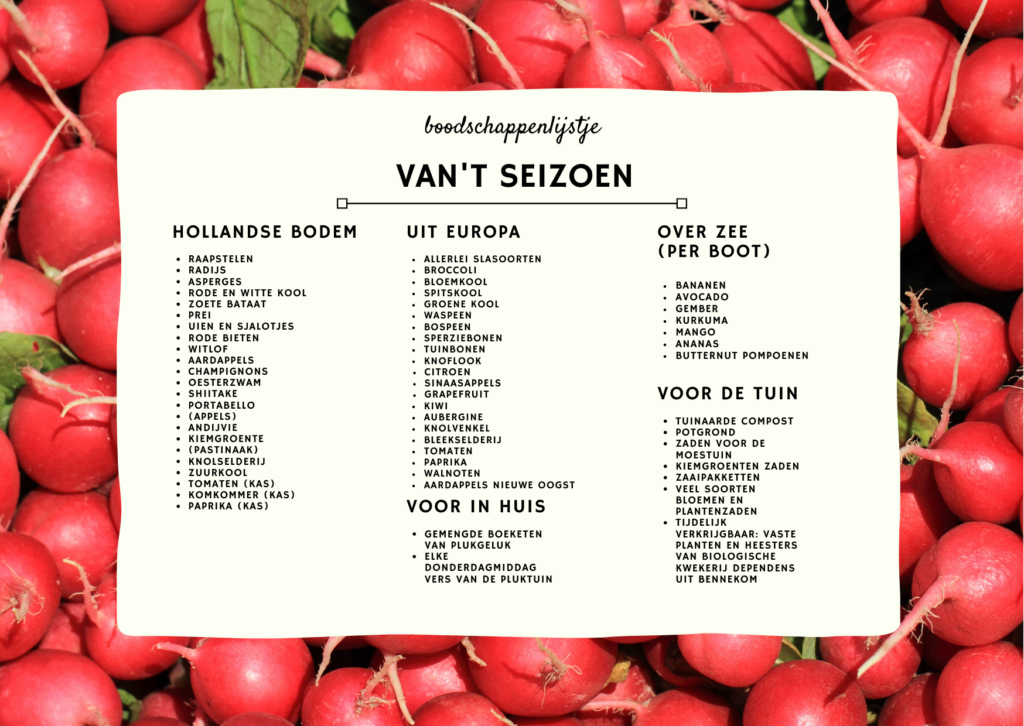 overzichtslijst van alle soorten groente en fruit die op dit moment verkrijgbaar zijn.