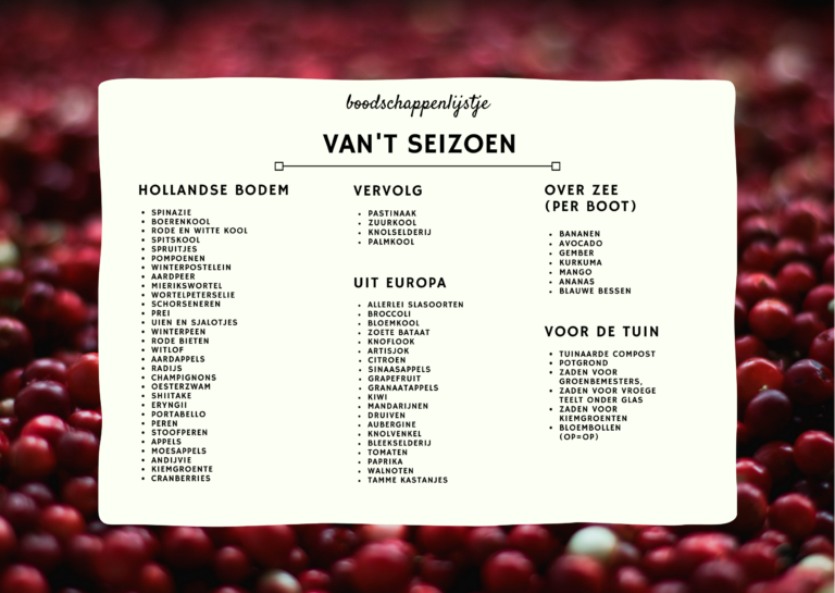 Boodschappenlijstje met groente en fruit verkrijgbaar in het winterseizoen