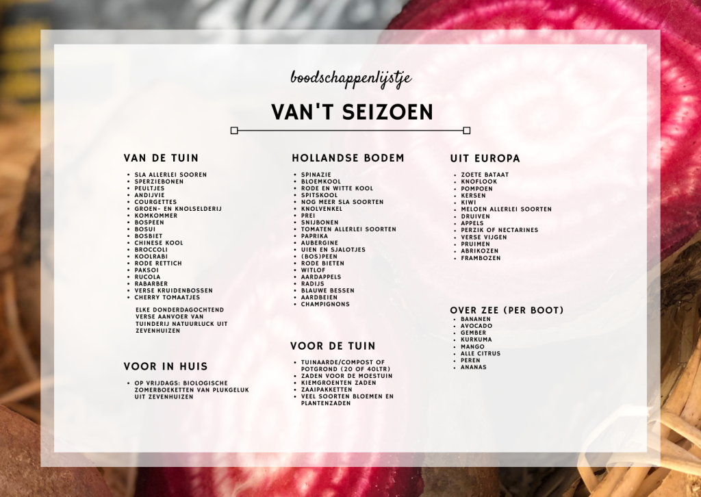 overzichtslijstje van biologische groente en fruit, verkrijgbaar in de winkel in het zomerseizoen